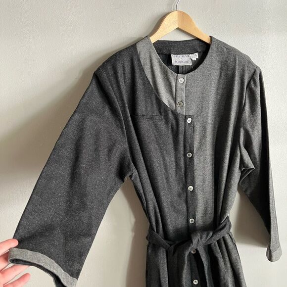 Vintage 70s Oleg Cassini Gray Belted Midi Dress Wool Blend Button Front two tone - Picture 4 of 11